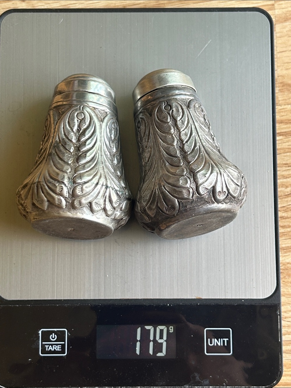 Ornate Embossed coin silver .900 Salt & Pepper Shakers Heavy!